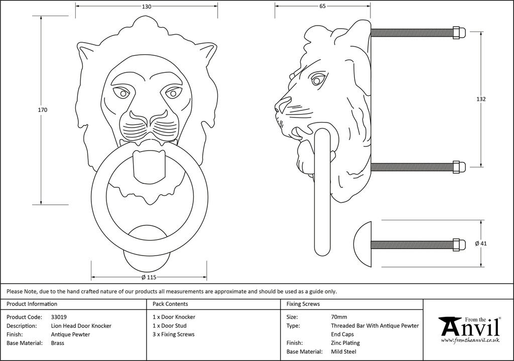 Antique Pewter Lion Head Knocker - 33019 - Technical Drawing