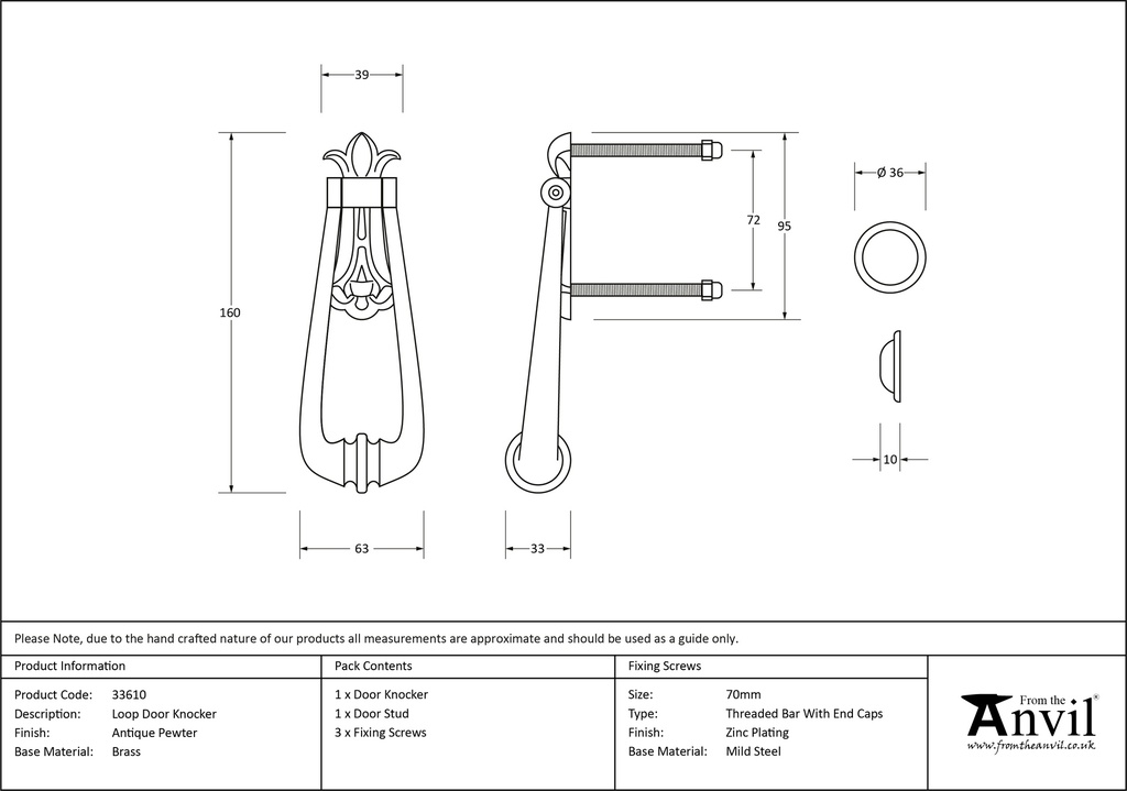 Antique Pewter Loop Door Knocker - 33610 - Technical Drawing