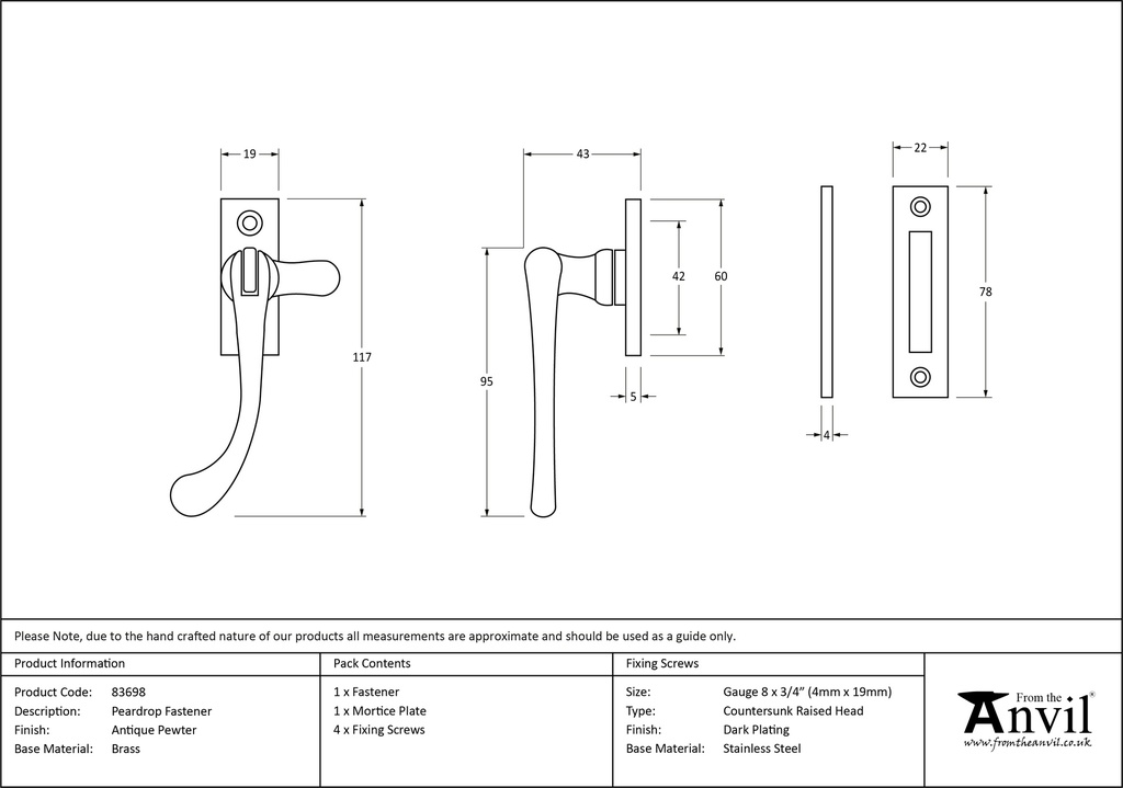 Antique Pewter Peardrop Fastener - 83698 - Technical Drawing