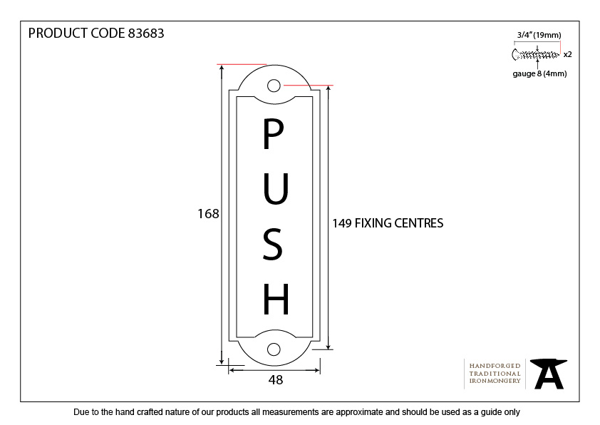 Antique Pewter Push Sign - 83683 - Technical Drawing