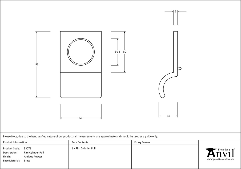 Antique Pewter Rim Cylinder Pull - 33071 - Technical Drawing