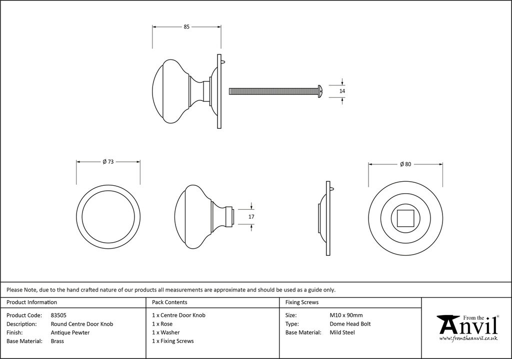 Antique Pewter Round Centre Door Knob - 83505 - Technical Drawing