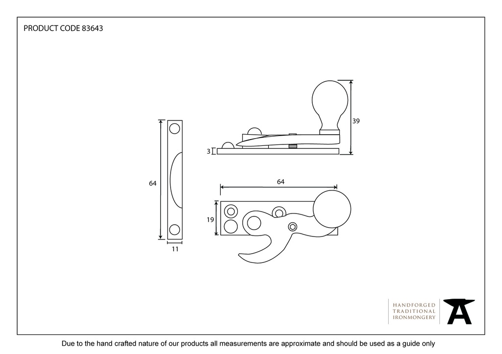 Antique Pewter Sash Hook Fastener - 83643 - Technical Drawing