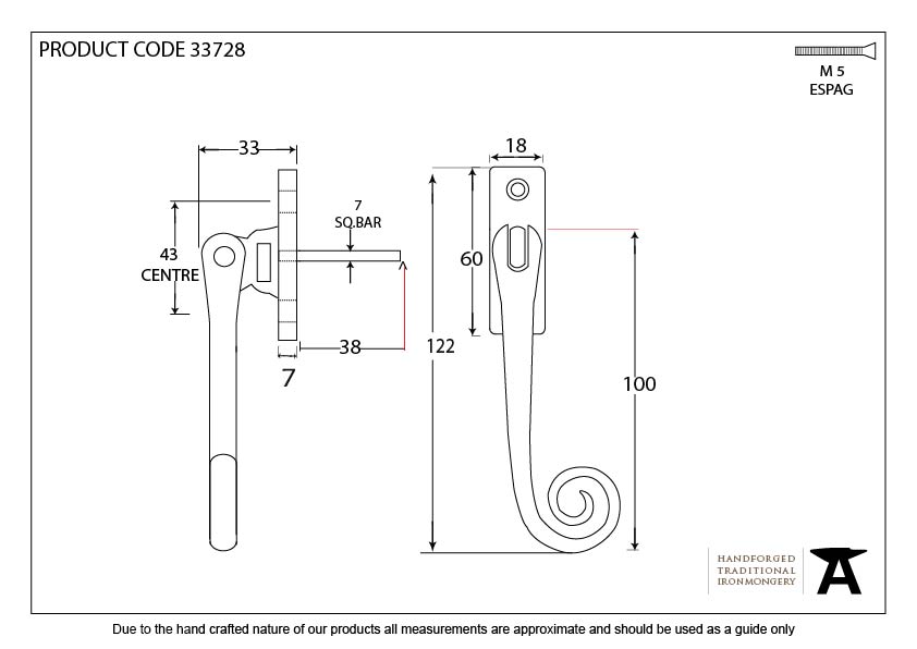 Antique Pewter Slim Monkeytail Espag - RH - 33728 - Technical Drawing