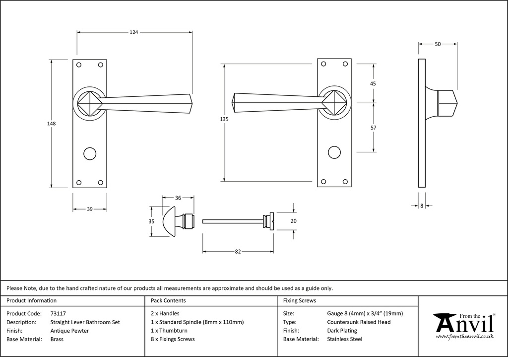 Antique Pewter Straight Lever Bathroom Set - 73117 - Technical Drawing