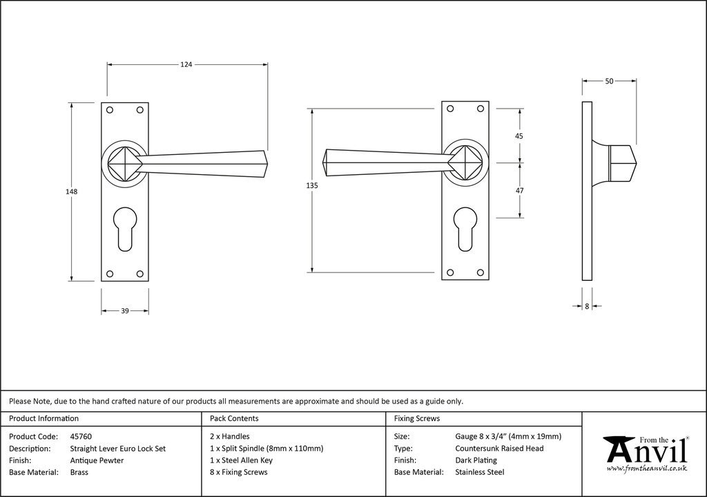 Antique Pewter Straight Lever Euro Lock Set - 45760 - Technical Drawing