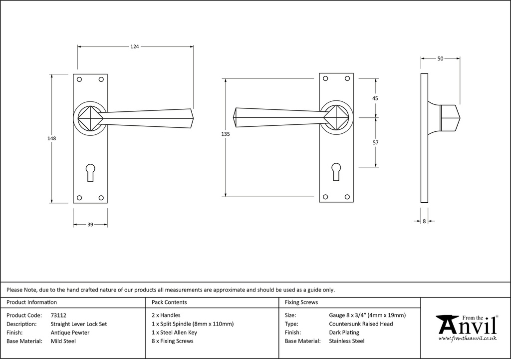 Antique Pewter Straight Lever Lock Set - 73112 - Technical Drawing