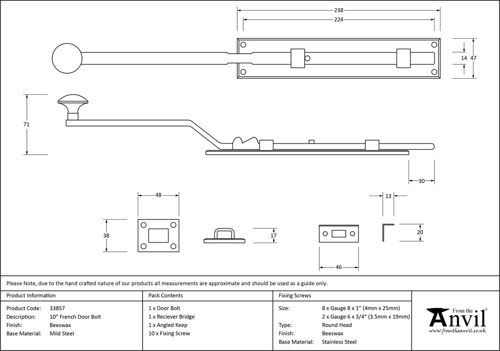 Beeswax 10&quot; French Door Bolt - 33857 - Technical Drawing