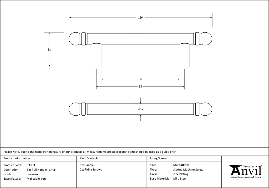 Beeswax 156mm Bar Pull Handle - 33353 - Technical Drawing