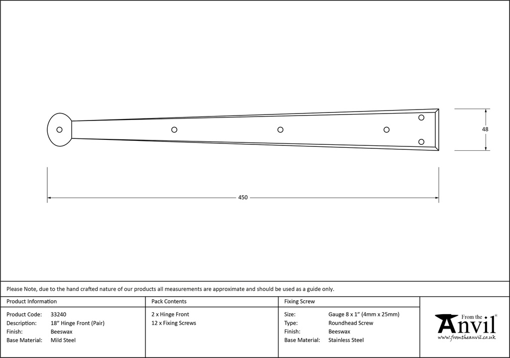 Beeswax 18&quot; Penny End Hinge Front (pair) - 33240 - Technical Drawing