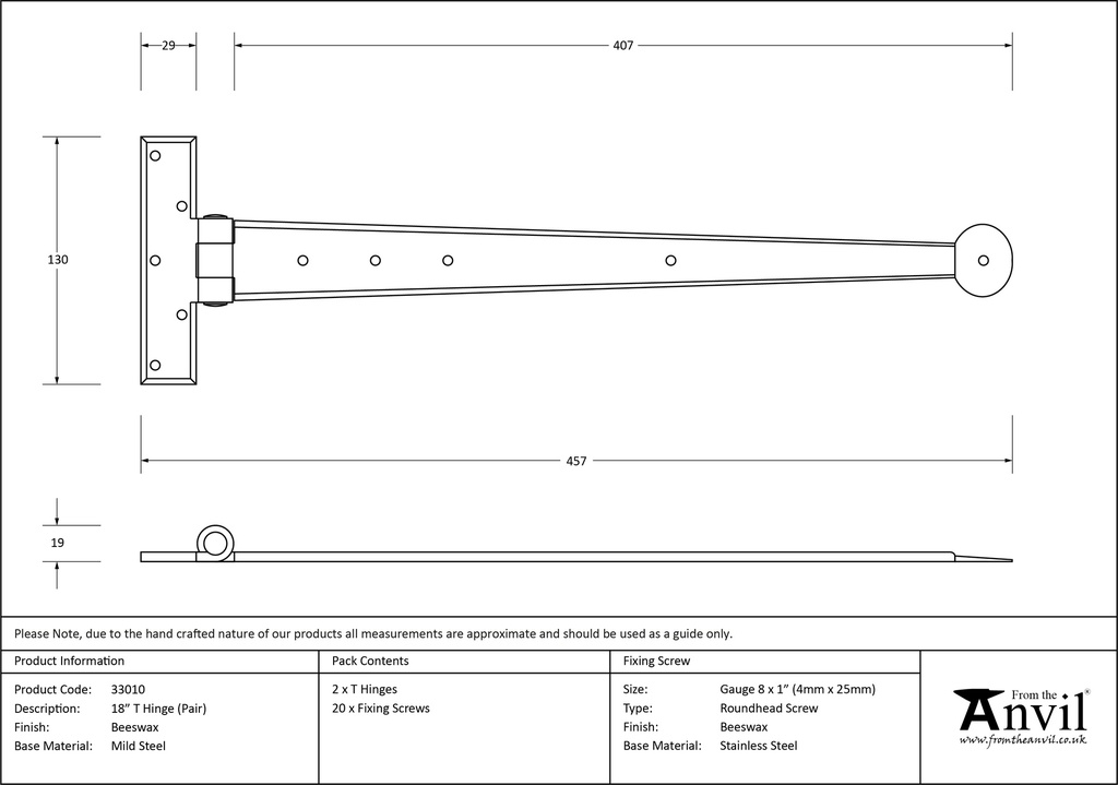 Beeswax 18&quot; Penny End T Hinge (pair) - 33010 - Technical Drawing