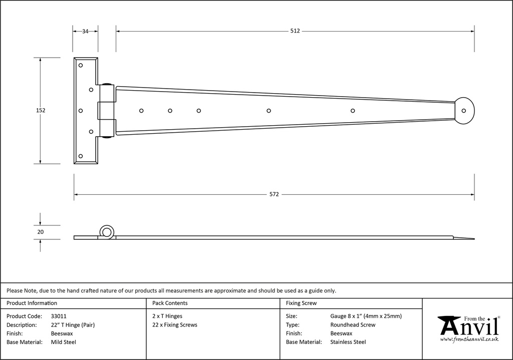 Beeswax 22&quot; Penny End T Hinge (pair) - 33011 - Technical Drawing