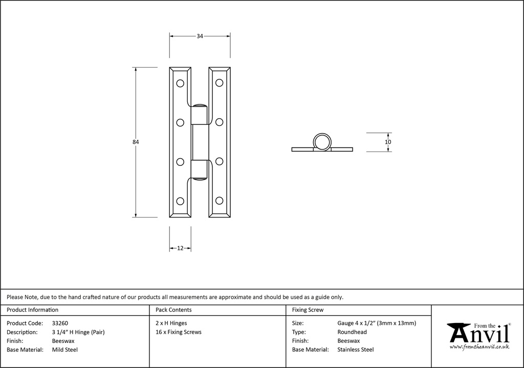 Beeswax 3¼&quot; H Hinge (pair) - 33260 - Technical Drawing