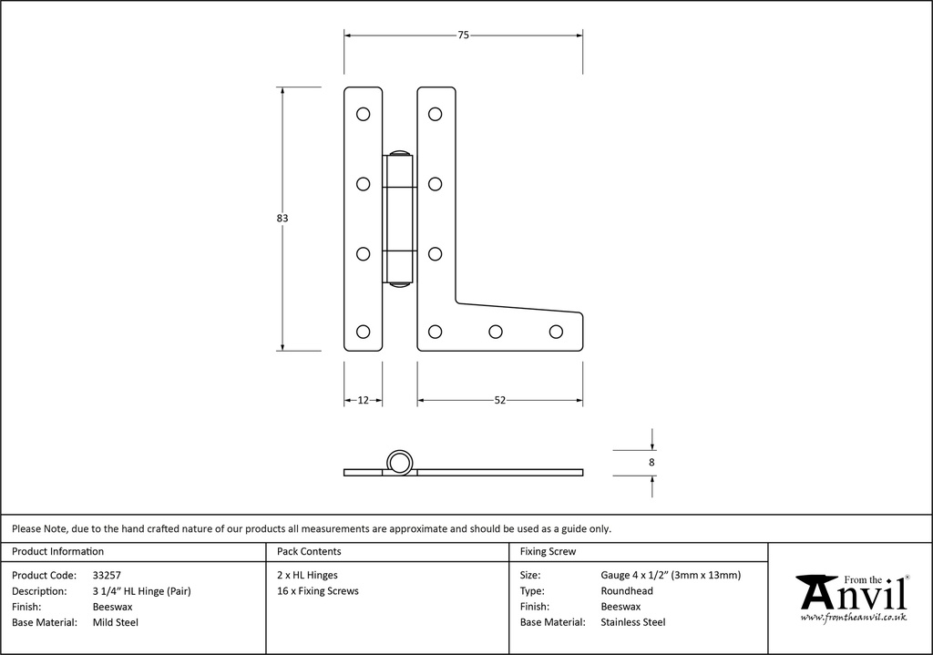 Beeswax 3¼&quot; HL Hinge (pair) - 33257 - Technical Drawing