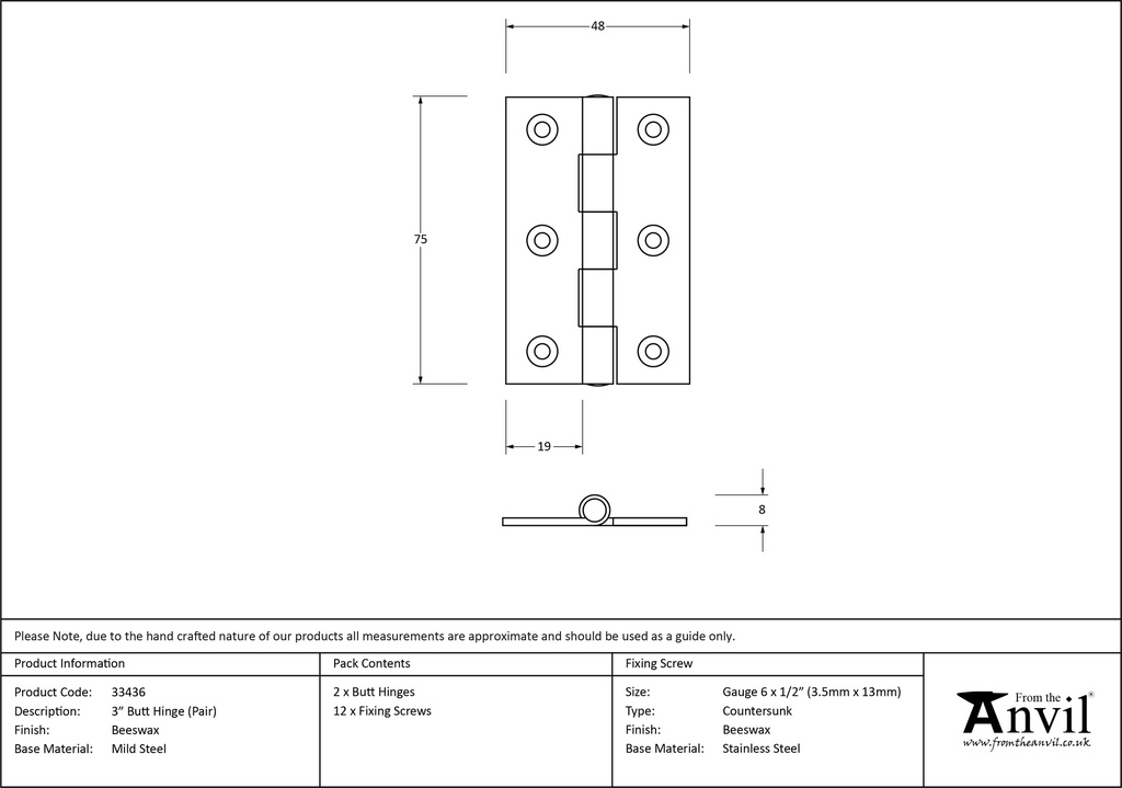 Beeswax 3&quot; Butt Hinge (pair) - 33436 - Technical Drawing