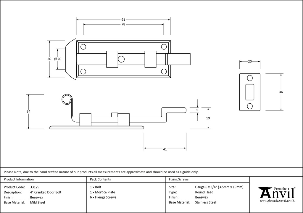 Beeswax 4&quot; Cranked Door Bolt - 33129 - Technical Drawing