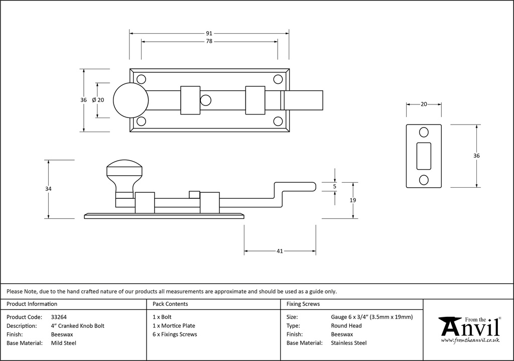 Beeswax 4&quot; Cranked Knob Bolt - 33264 - Technical Drawing
