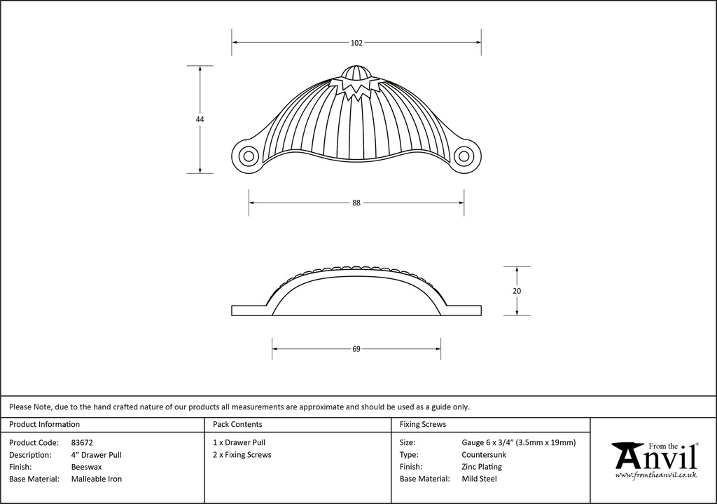 Beeswax 4&quot; Flower Drawer Pull - 83672 - Technical Drawing