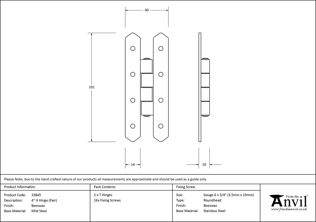 Beeswax 4&quot; H Hinge (pair) - 33845 - Technical Drawing