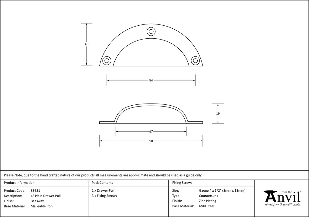 Beeswax 4&quot; Plain Drawer Pull - 83681 - Technical Drawing