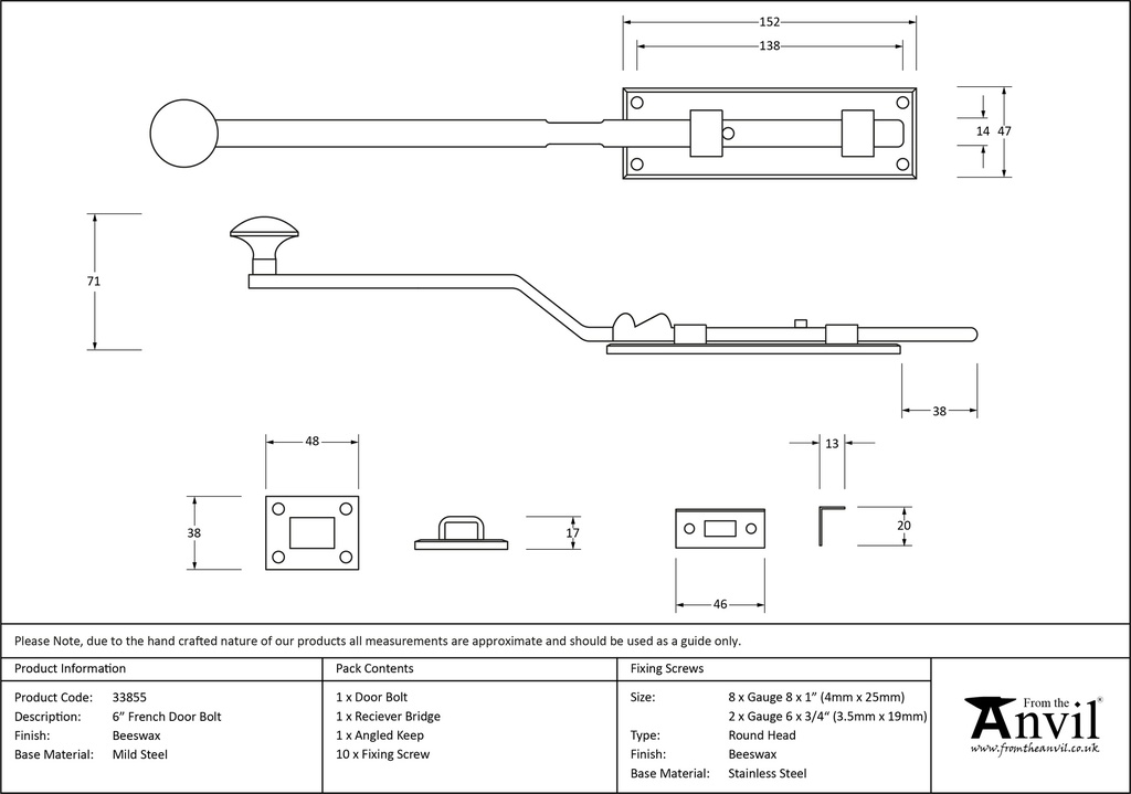 Beeswax 6&quot; French Door Bolt - 33855 - Technical Drawing