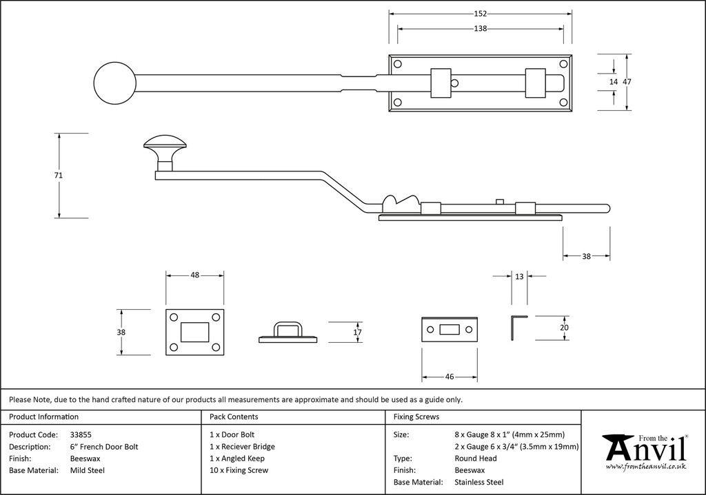 Beeswax 6" French Door Bolt - 33855 - Technical Drawing