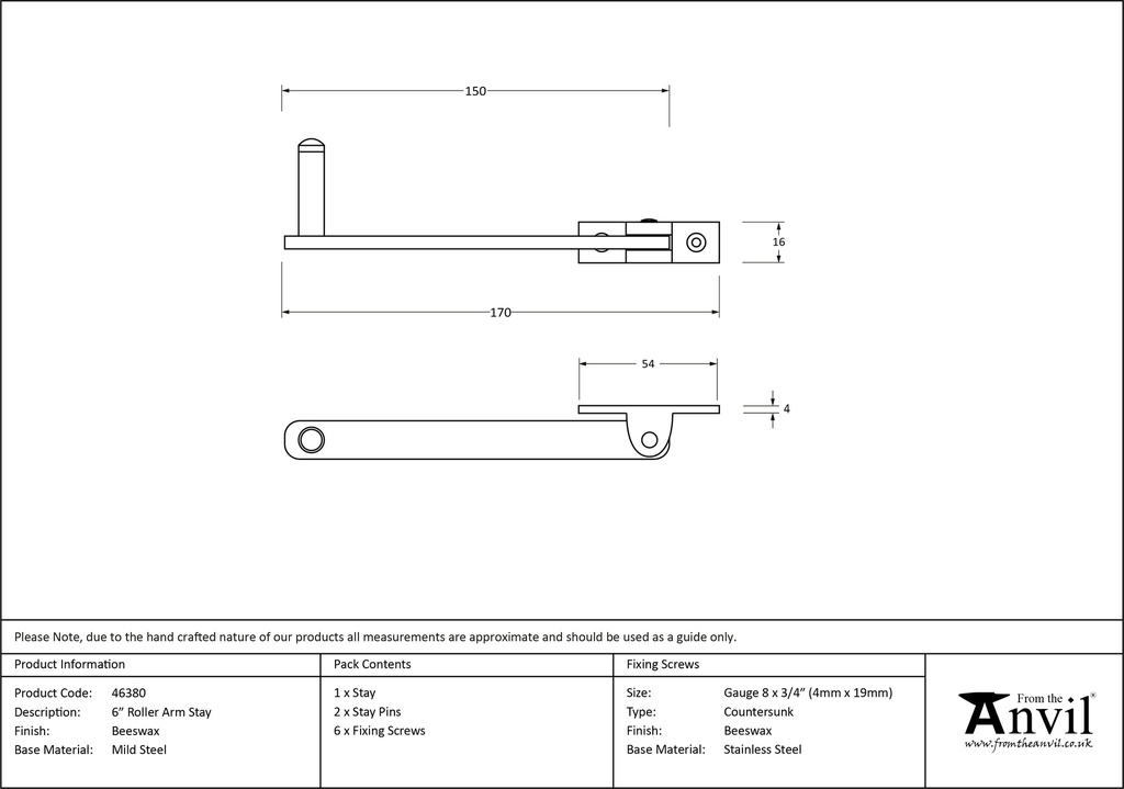 Beeswax 6&quot; Roller Arm Stay - 46380 - Technical Drawing