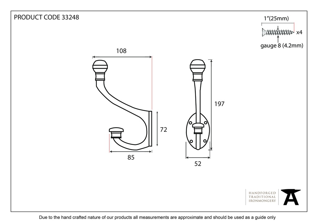 Beeswax 7 3/4&quot; Hat &amp; Coat Hook - 33248 - Technical Drawing