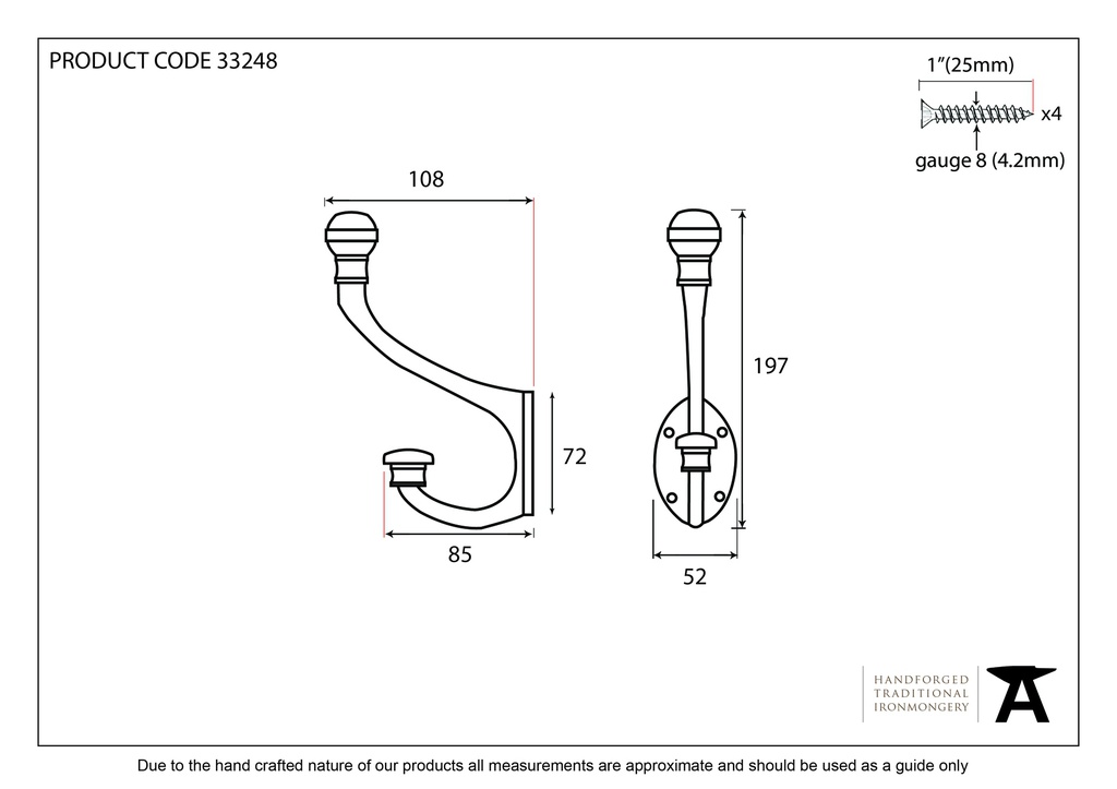 Beeswax 7 3/4" Hat & Coat Hook - 33248 - Technical Drawing