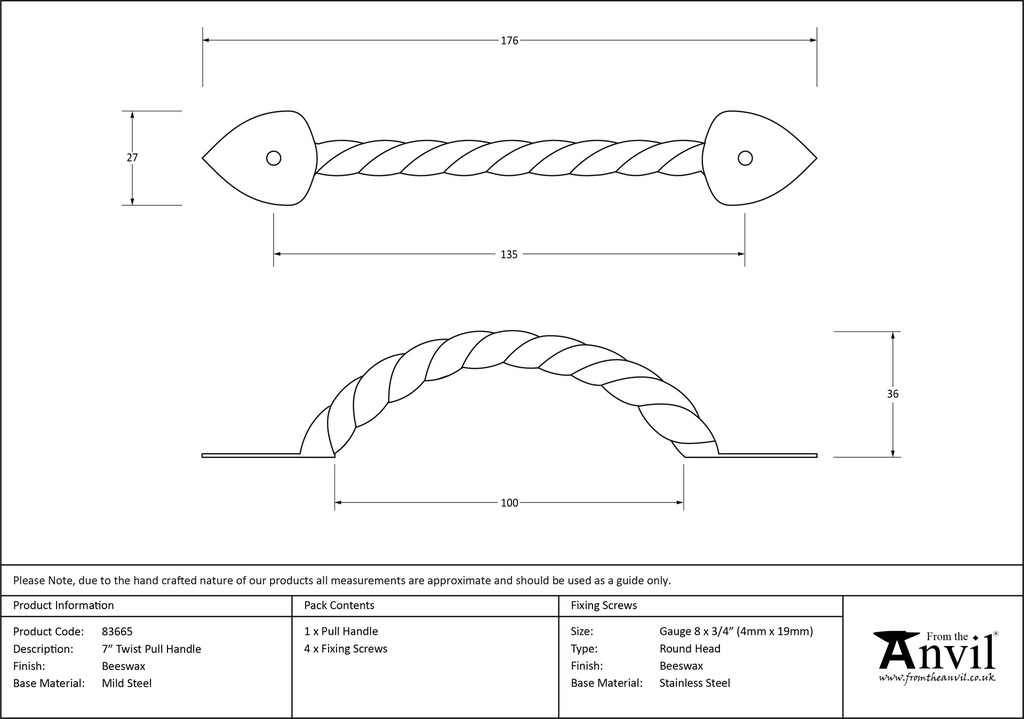 Beeswax 7&quot; Twist Pull Handle - 83665 - Technical Drawing