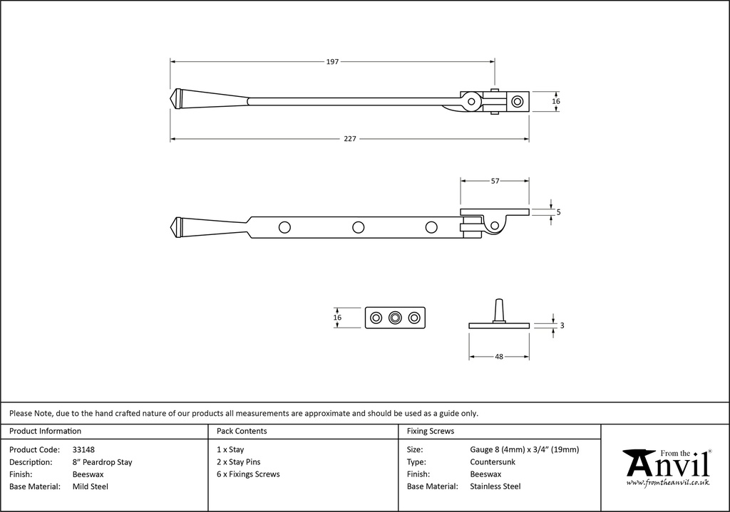 Beeswax 8&quot; Peardrop Stay - 33148 - Technical Drawing