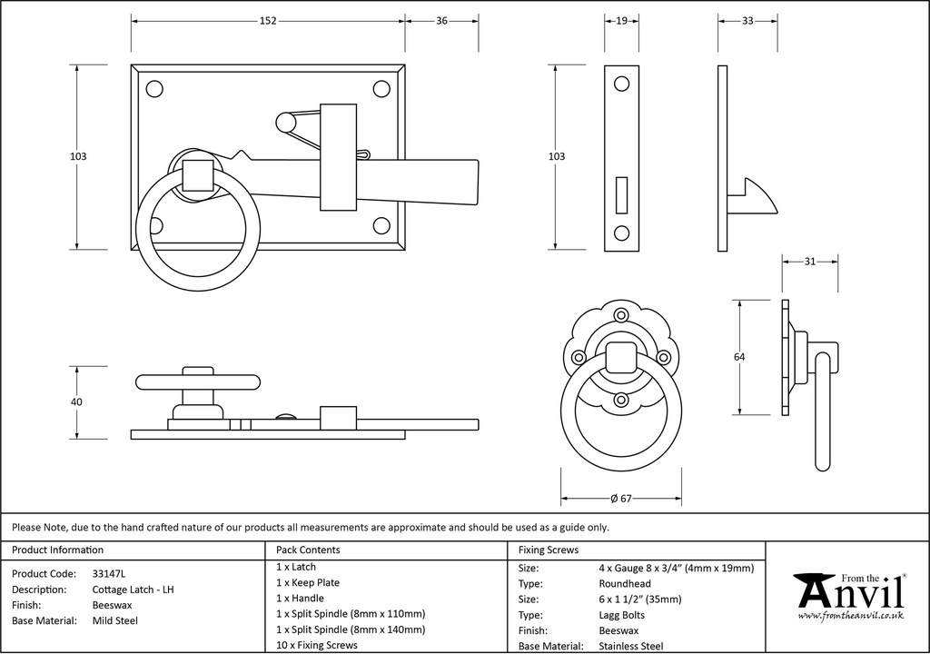 Beeswax Cottage Latch - LH - 33147L - Technical Drawing