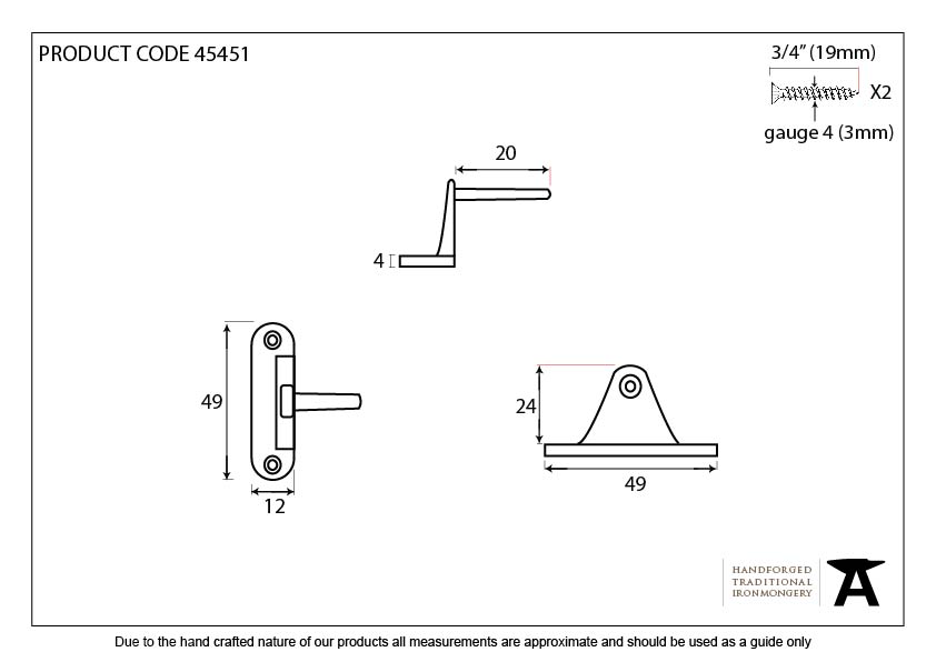 Beeswax Cranked Casement Stay Pin - 45451 - Technical Drawing