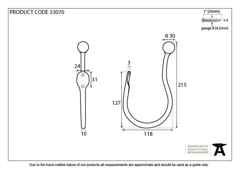 Beeswax Curtain Tie Back (pair) - 33070 - Technical Drawing