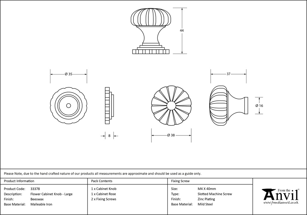 Beeswax Flower Cabinet Knob - Large - 33378 - Technical Drawing