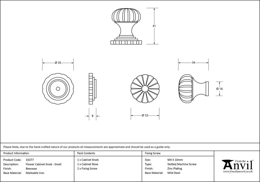 Beeswax Flower Cabinet Knob - Small - 33377 - Technical Drawing