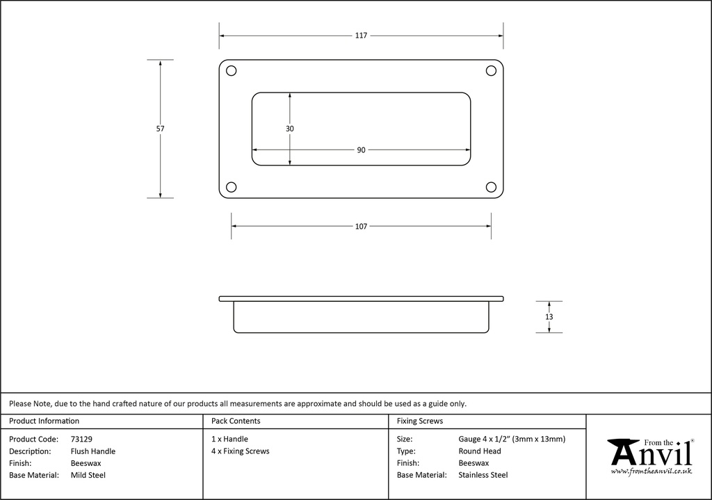 Beeswax Flush Handle - 73129 - Technical Drawing