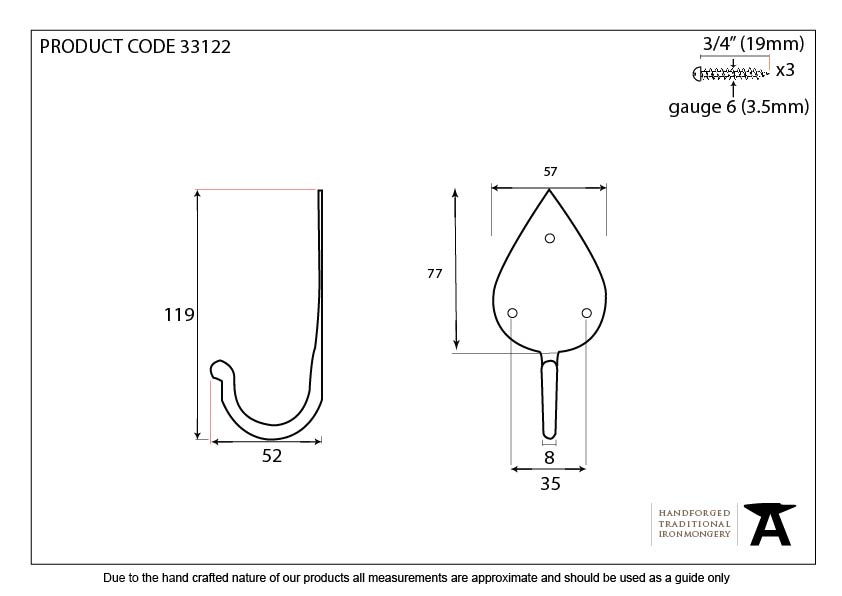 Beeswax Gothic Coat Hook - 33122 - Technical Drawing