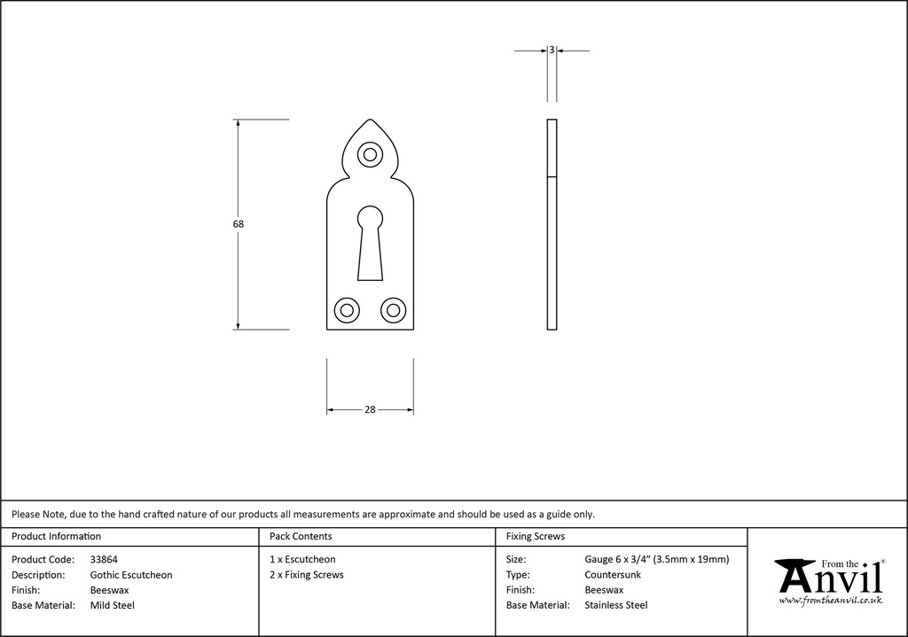 Beeswax Gothic Escutcheon - 33864 - Technical Drawing