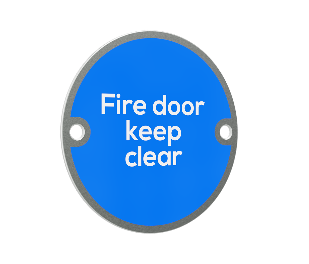 'Fire Door Keep Clear' Sign - 76mm diameter - Satin Stainless Steel