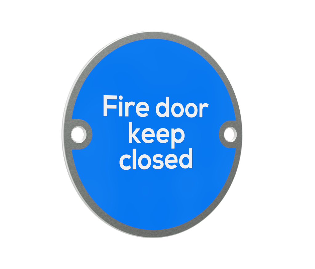 'Fire Door Keep Closed' Sign - 76mm diameter - Satin Stainless Steel