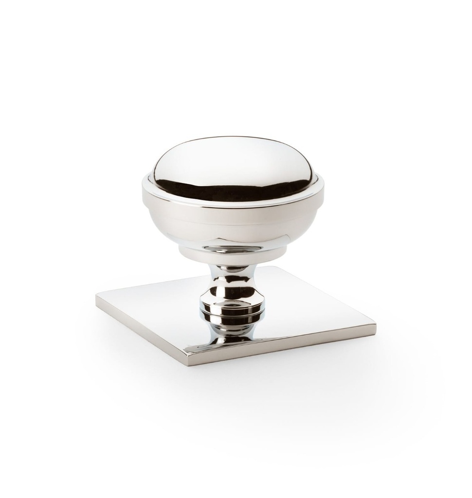 Alexander & Wilks Quantock Cupboard Knob On Square Backplate - Polished Nickel - 38mm