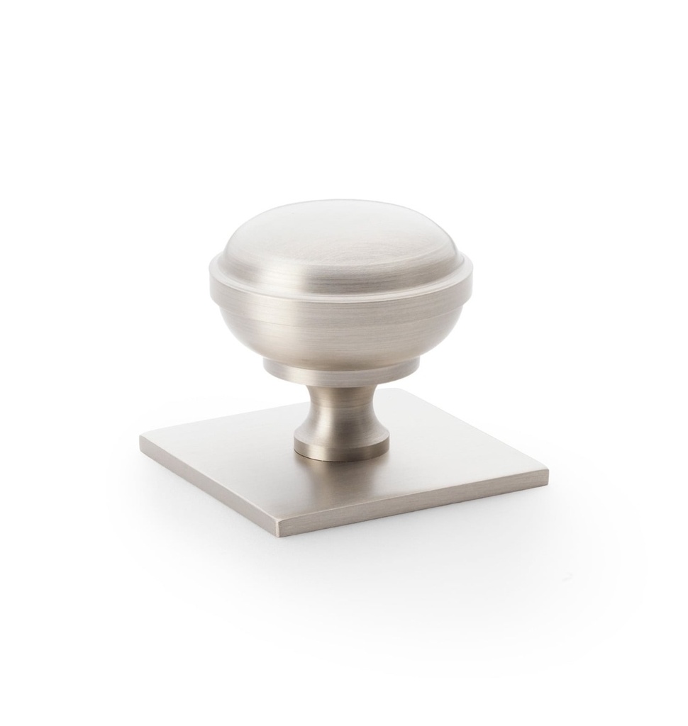 Alexander & Wilks Quantock Cupboard Knob On Square Backplate - Satin Nickel - 38mm